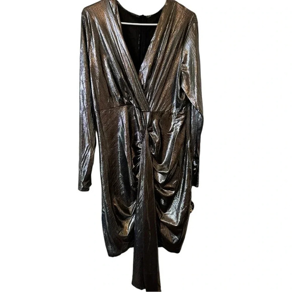 New Women's Sexy Dress Deep V Neck Long Sleeve Ruched Sparkly Bodycon - Picture 4 of 7